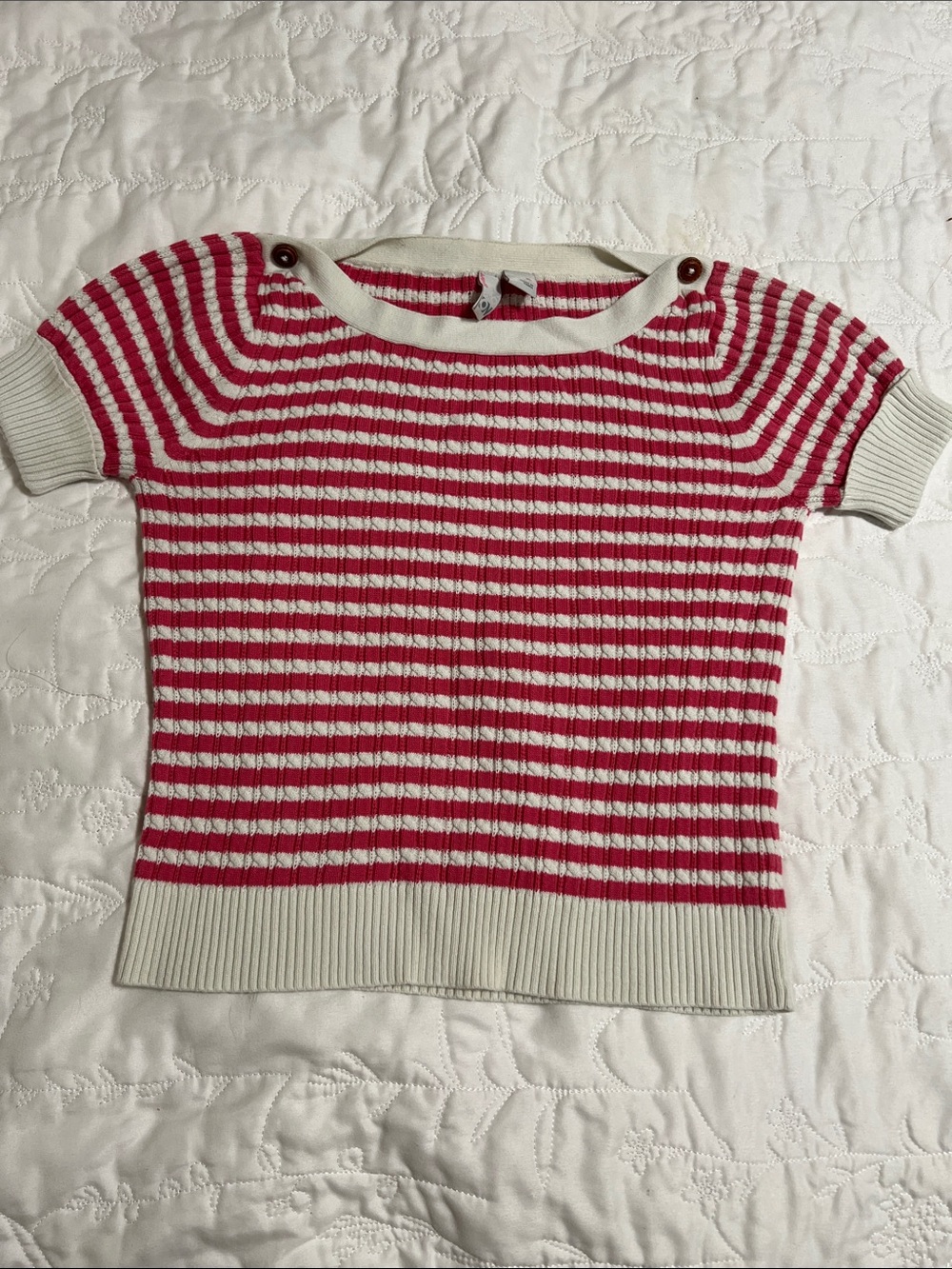 Striped Short-Sleeve Sweater in Pink and Cream